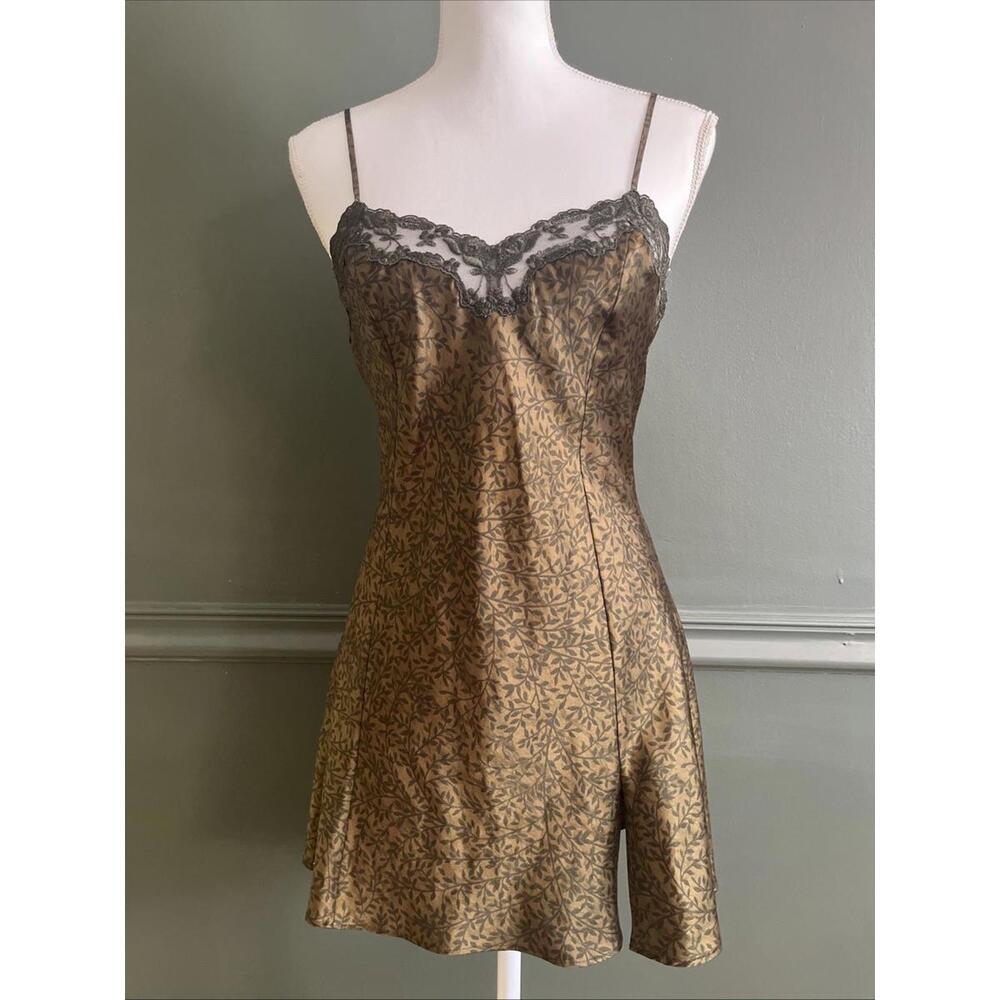 VTG Y2K Victoria’s Secret Satin Slip Dress S Olive Lace Mini Botanical Fairycore